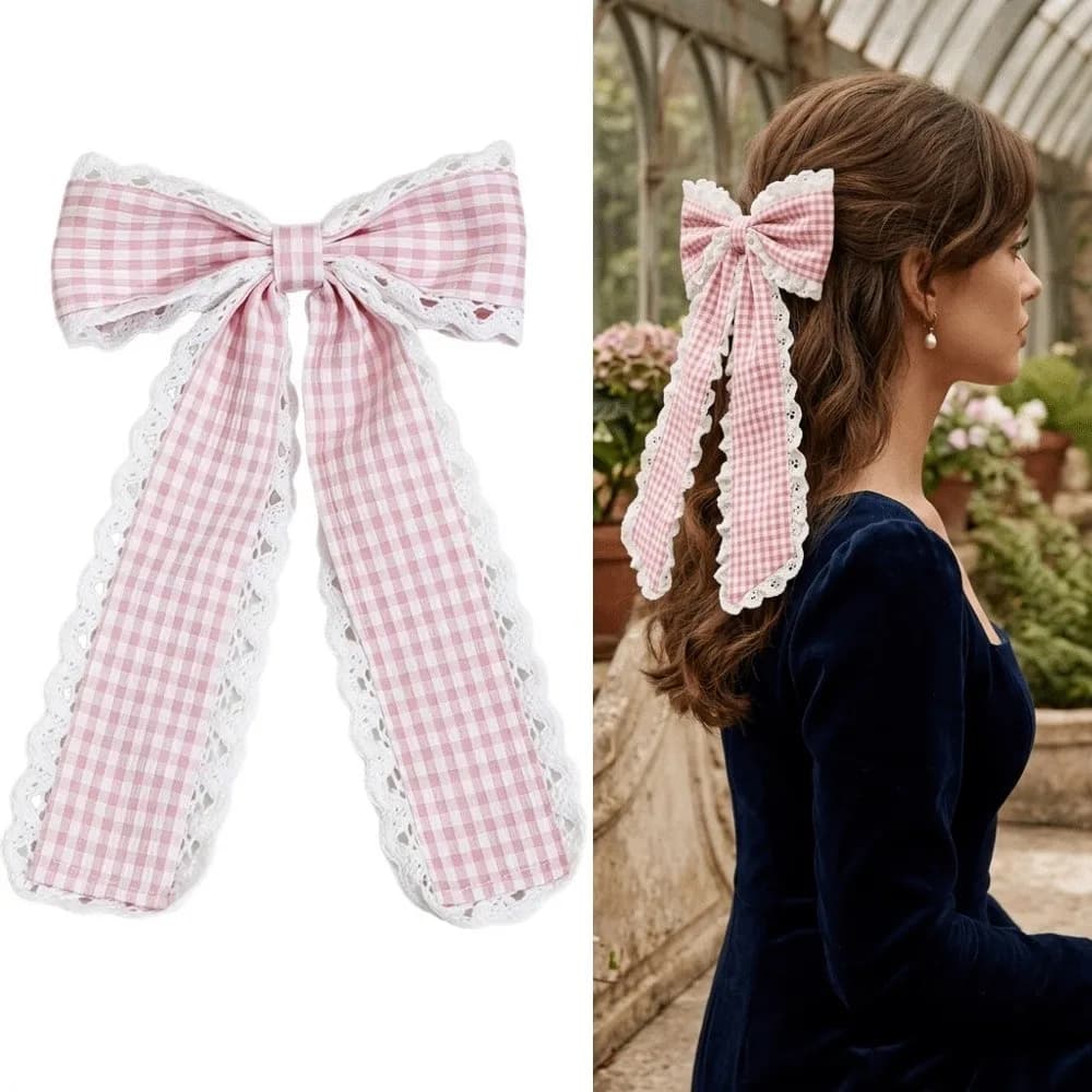 New Plaid Pattern Hair Clips Lace Bow Half-Up Hairstyles Lolita Hairpins Spring Clip Long Hair Barrettes For Women Girls
