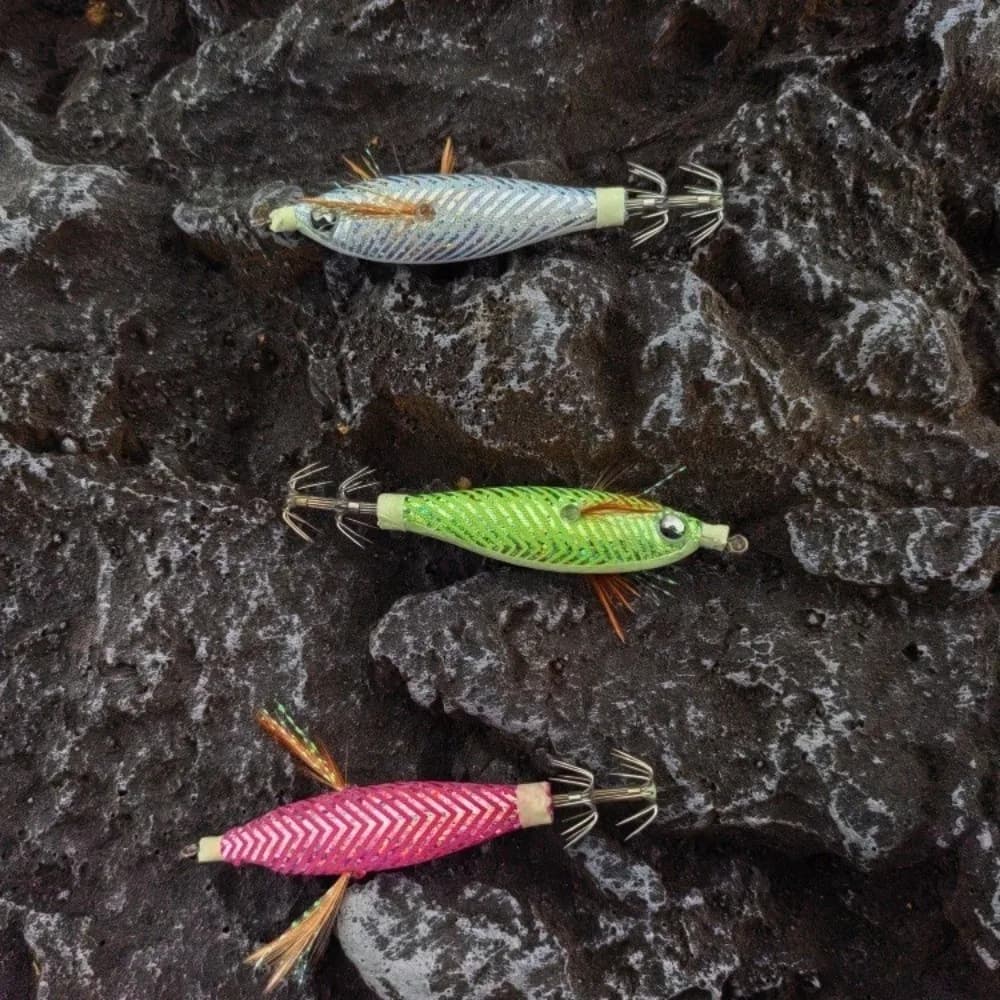 UV Glow Squid Jig Lure Luminous Coating Sharp Umbrella Hook Egi Jig Bait 5Pcs Set Reflective Scale Pattern Horizontal Jig Lure