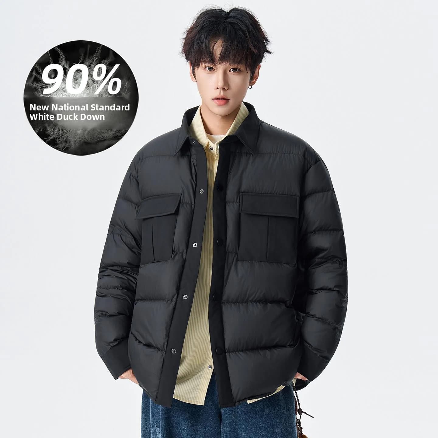 Giacca Leggera da Uomo in Piuma d'Oca Bianca, Collo in Piumino, Abbigliamento Invernale, Stile Casual, Cappotto in Fibra di Poliestere