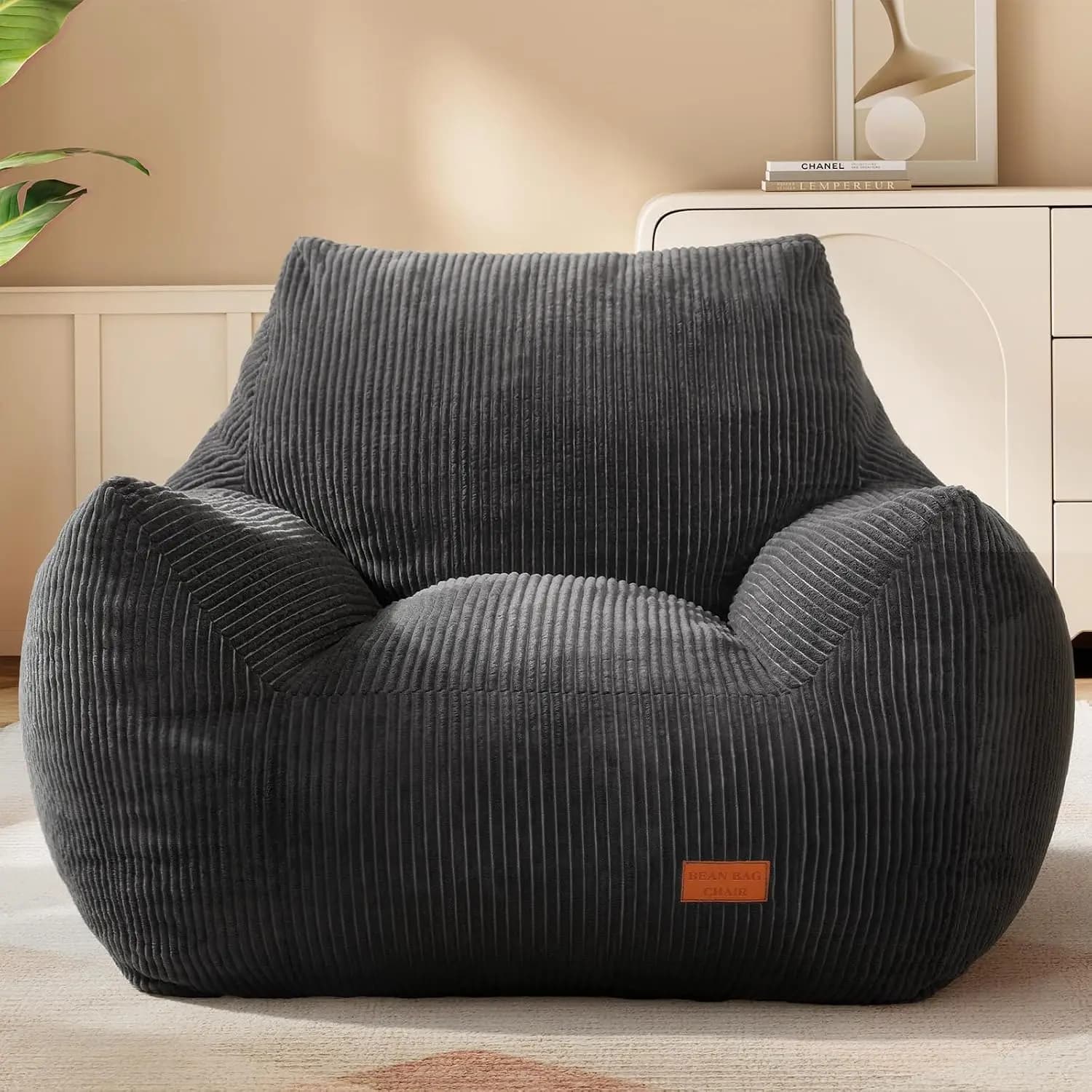 Dark Gray Large Bean Bag Chair with Armrests for Adults, Vacuum Compressed Soft Lounge Seat for Gaming Napping Easy Gift