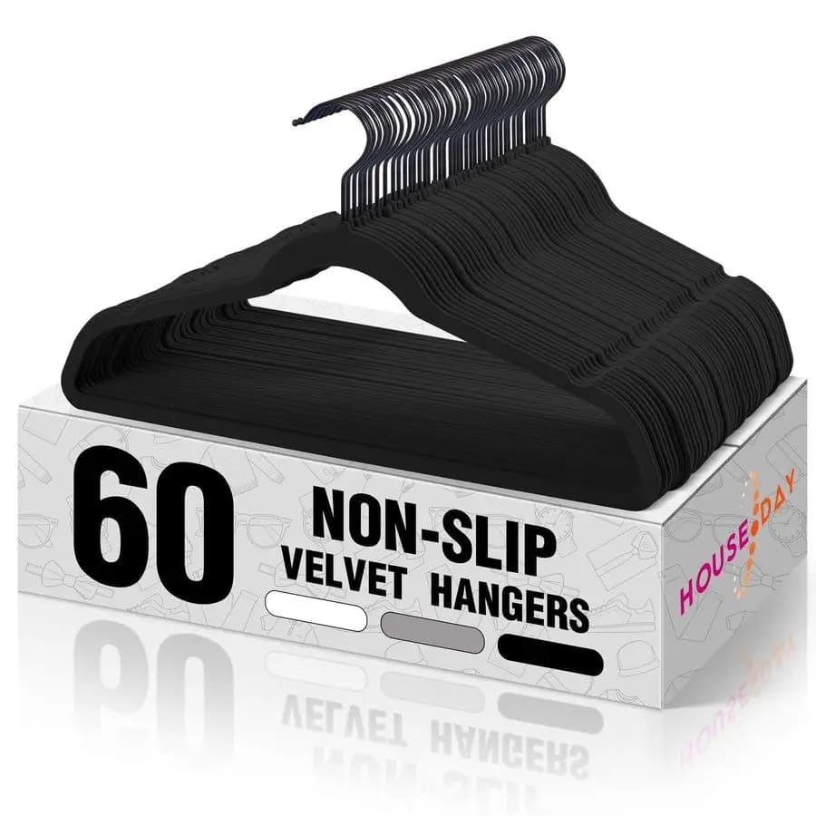 Pack of 60 coat hangers in black velvet, non-slip, thin, for clothes, shirts and heavy coats