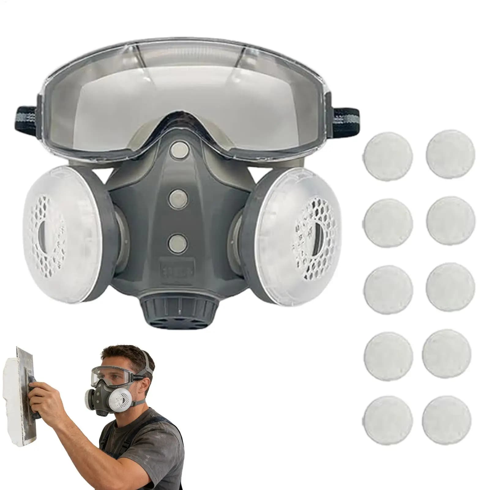 Maschera Respiratoria Integrale Riutilizzabile con 10 Filtri e Occhiali Integrati per Lavorazione del Legno e Pittura