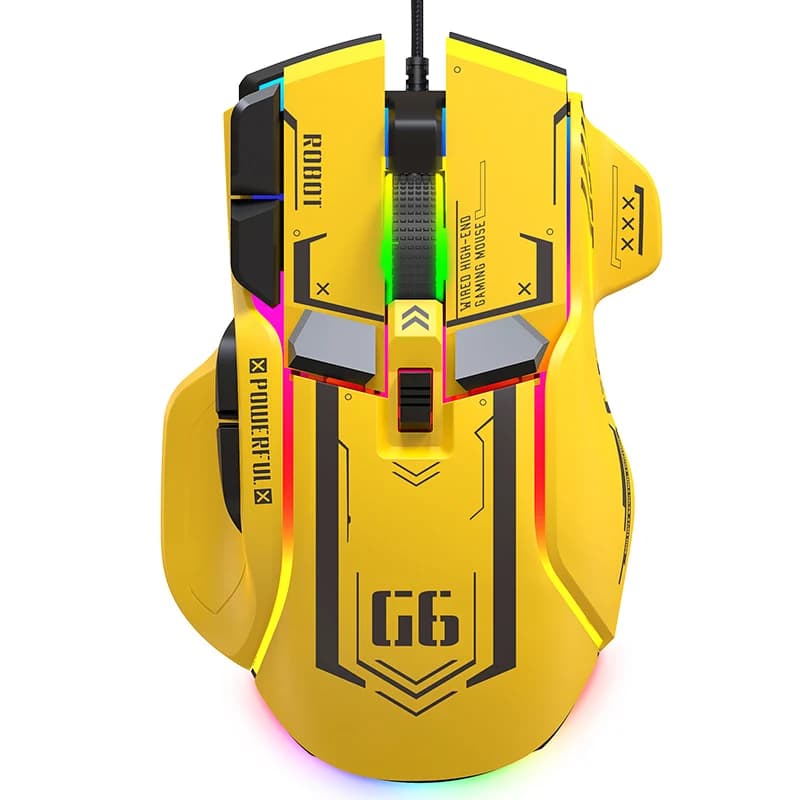 Mouse da Gaming Meccanico Cablato FreeWolf G6, 12800 DPI, Retroilluminazione RGB, Macro, Design Ergonomico Mecha, per Gaming e Ufficio