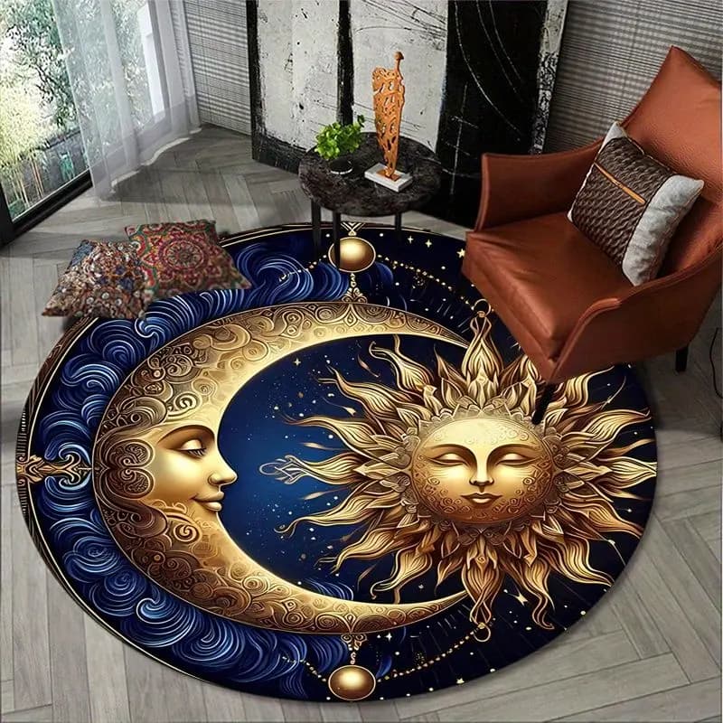 VIKAMA Retro Gilded Sun Moon Statue Round Carpet, French Bedroom Light Luxury Floor Mat, Antique Style Living Room Rug