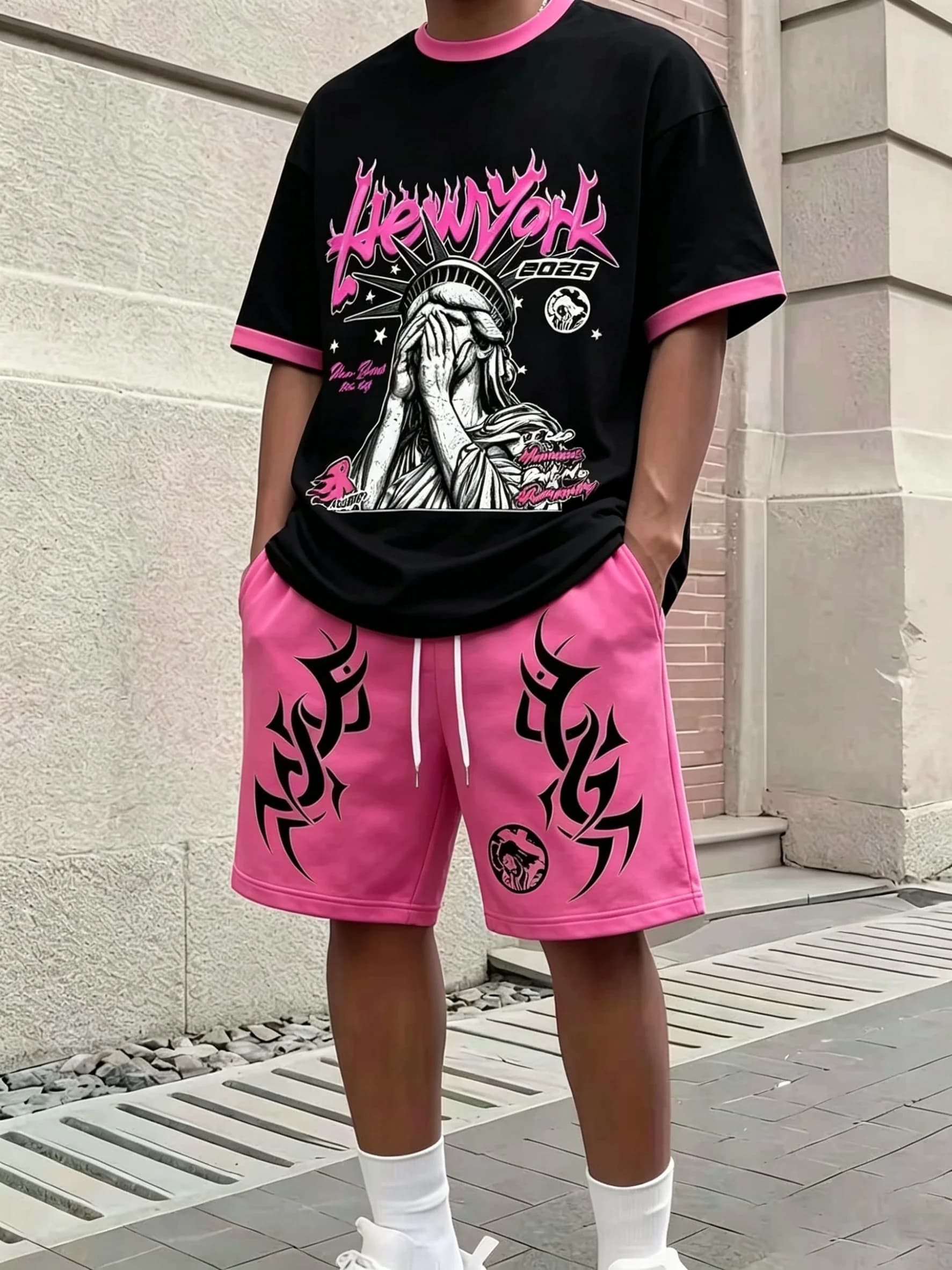 Men Vintage Letter Print Two Piece Tracksuit Contrast Ringer Tee Tribal Pattern Elastic Waist Shorts Casual Street Sports Outfit