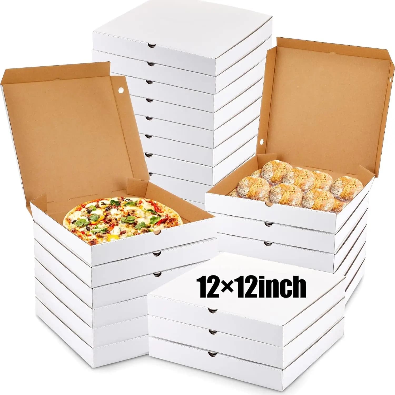 100 Scatole Pizza 12x12 in Cartone - Contenitori da Asporto per Ristoranti, Panifici, Feste (Bianche e Kraft)