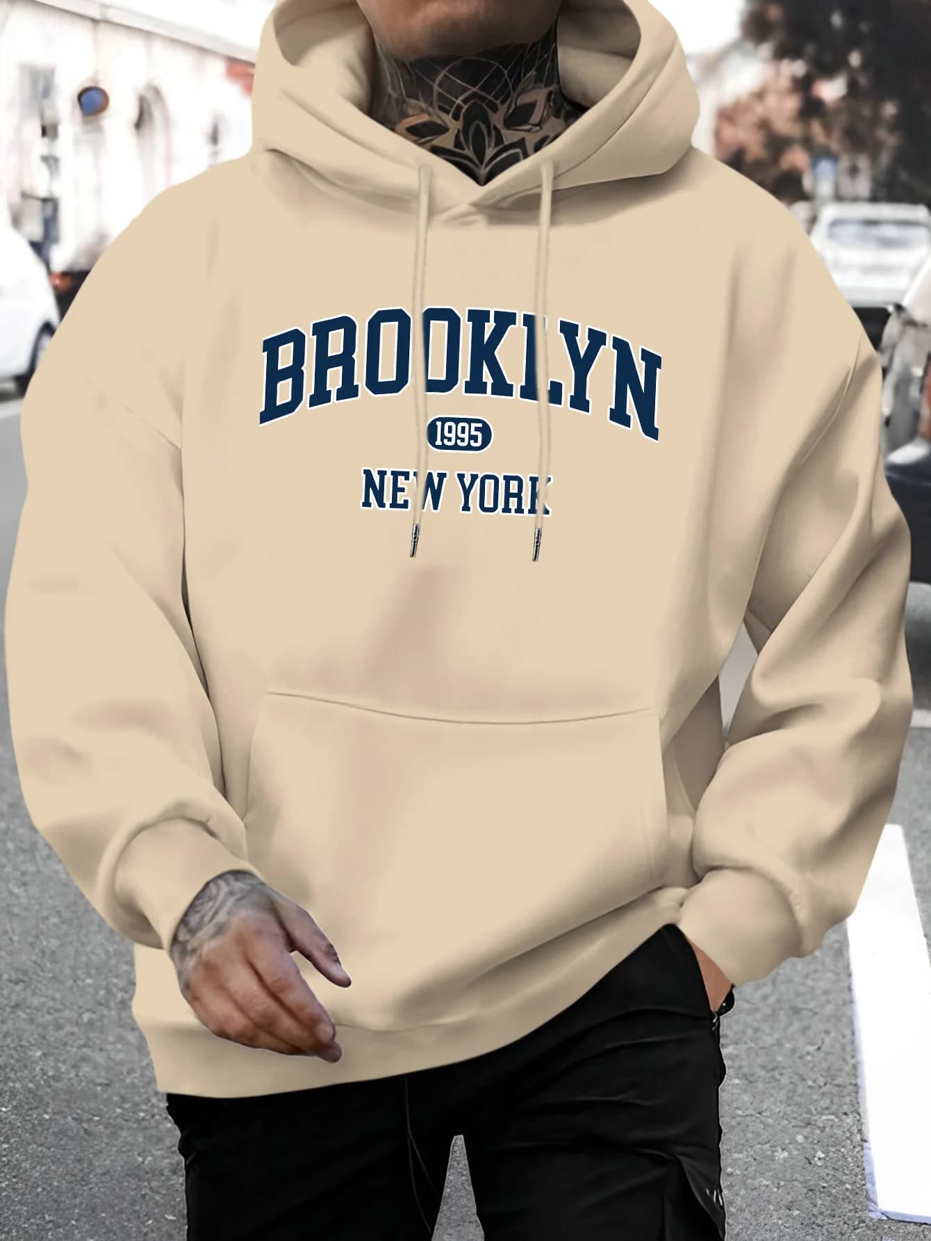 Men's Spring and Autumn Casual Warm Loose Fashion Brooklyn 1995 Letter Printed Long Sleeve Round Neck Hoodie