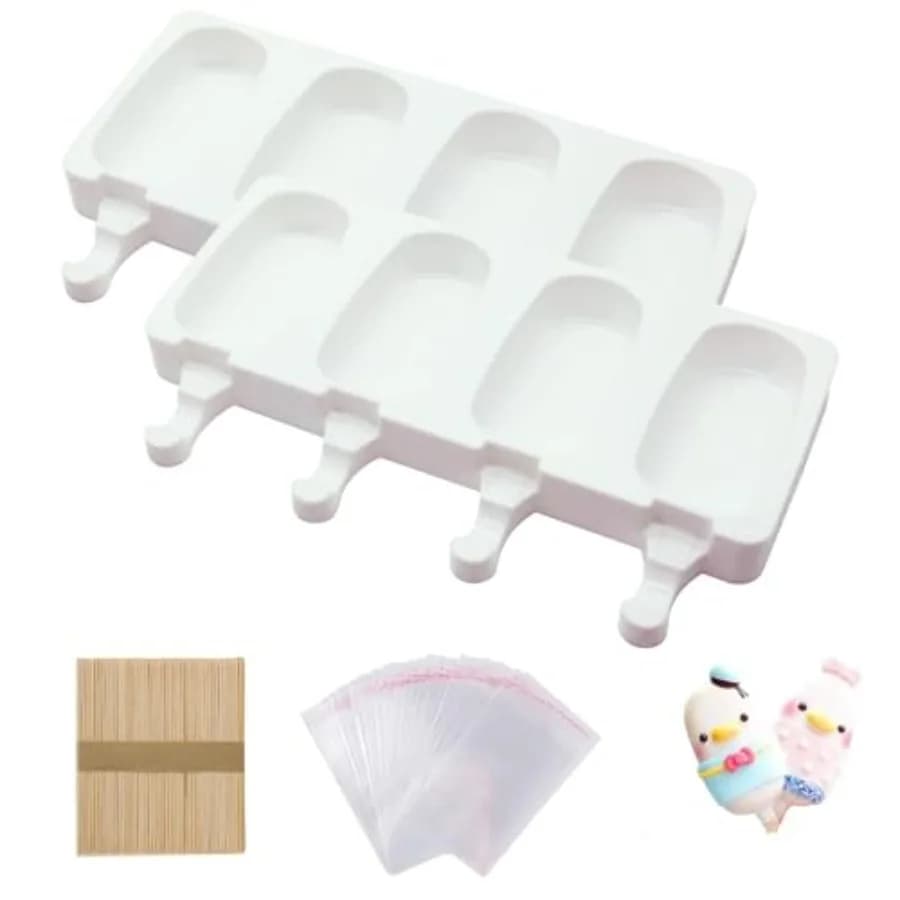 Set di 2 Stampi per Ghiaccioli, Stampi in Silicone per Cakesicles, Stampo Ovale per Gelato e Cake Pop con 50 Bastoncini di Legno e 50 Sacchetti per Fai da Te