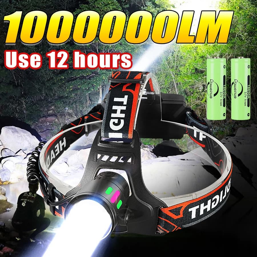Lampada frontale a LED ricaricabile 1000000 Torcia frontale a LED LM Head Il più potente faro a lungo raggio Luci da campeggio per pesca all'aperto