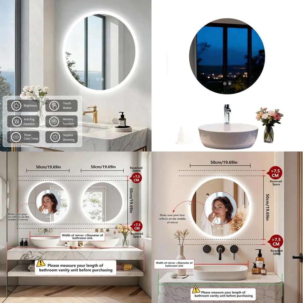 Specchio da Bagno Rotondo con Retroilluminazione LED, 20 Pollici, Dimmerabile, Antiappannamento
