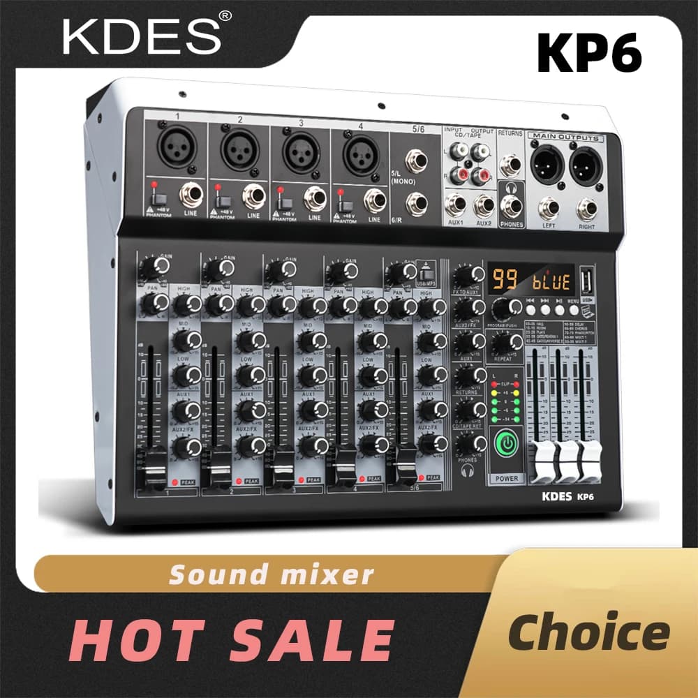 KDES KP6 Mixer audio 6 canali 99 DSP Effetti Record PC 48V Phantom Power USB Mixer audio Bluetooth DJ Console Mixing per Karaok
