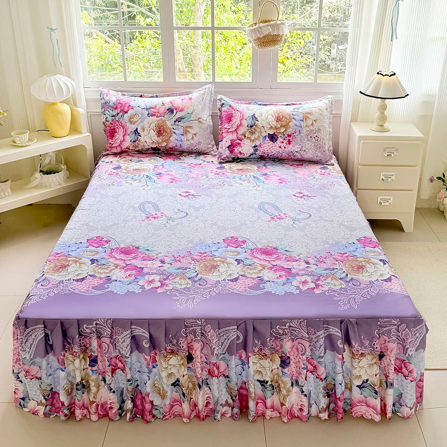 3PCS Floral Style Bed Cover colchas de cama matrimonial Single/Double/Queen/King Size Bed Skirt with Lace Twin Bedsheets Skirts