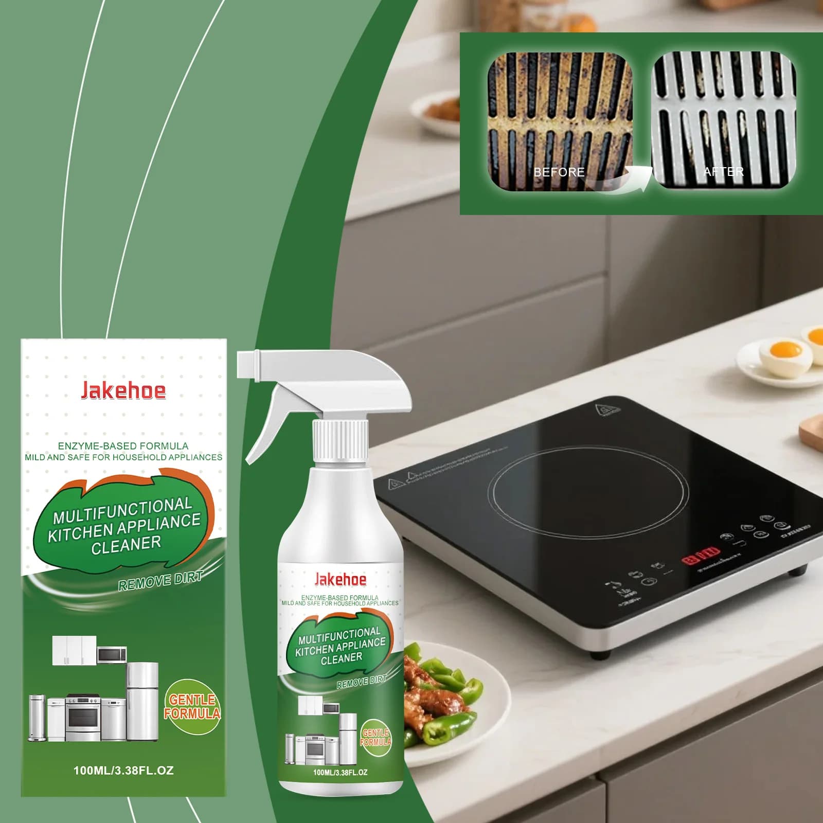 Detergente per elettrodomestici da cucina. Formula delicata che rimuove facilmente macchie di olio e sporco, lasciando i dispositivi da cucina freschi, puliti e lucenti.