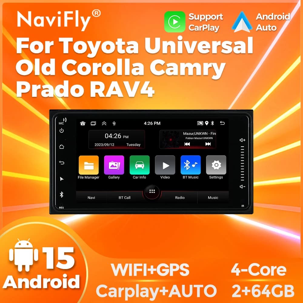 Autoradio multimedia Android 15 Navifly compatible with Toyota General Motors, previous models of Corolla, Camry, Prado, Rav4, Rav-4, with WiFi and Carplay+auto