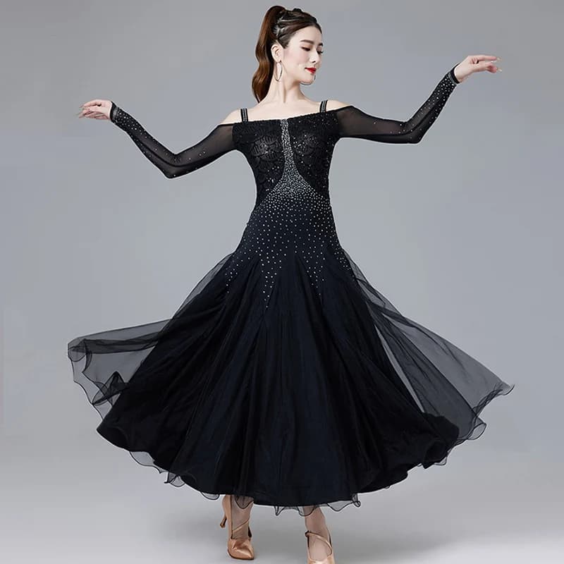 Abito da ballo da sala nero Abito da valzer standard con paillettes da donna Elegante costume da ballo sociale moderno di danza femminile 2211