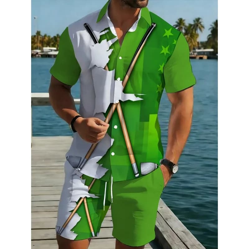 Men's Lightweight Casual Green White Polyester Shirt & Pants Set Star & Golf Club Printed Multi-occasion Wear