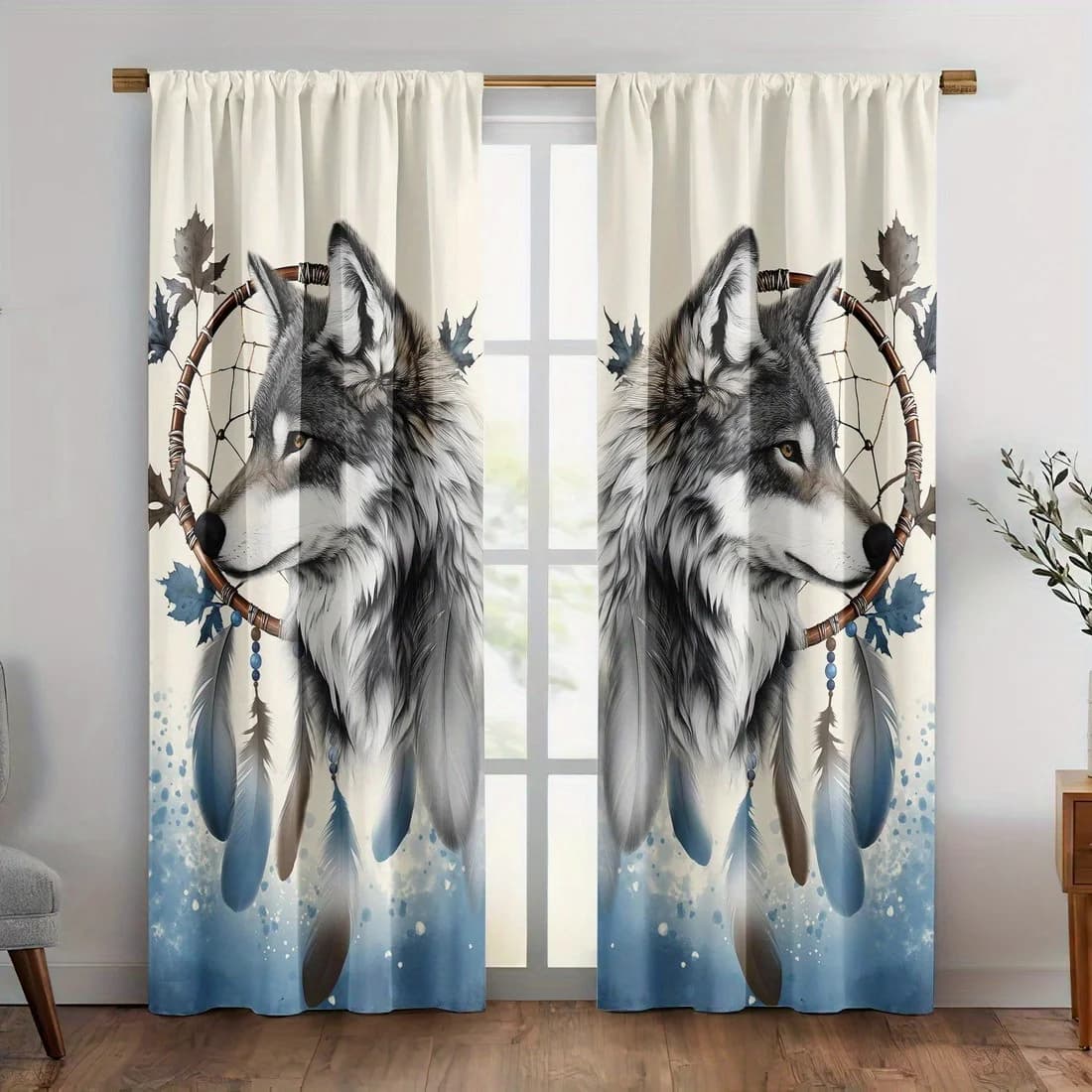 2pcs Wolf Print Curtains Dreamcatcher Feather Pattern Bohemian Style Polyester Window Drapes for Living Room Bedroom Decor