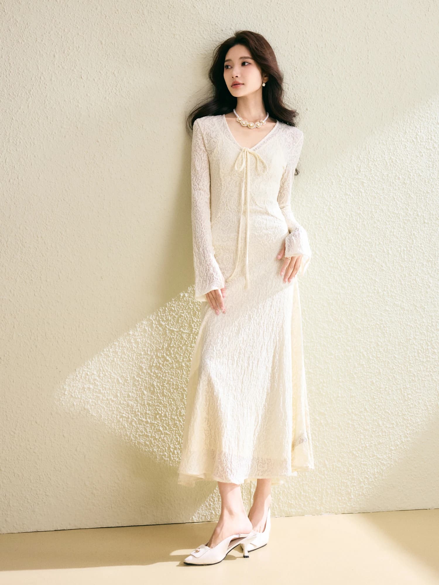 Gonna a vita alta in lana con pizzo, a maniche lunghe, morbida, con motivo floreale, a coda di pesce, elegante, per l'uso quotidiano da donna