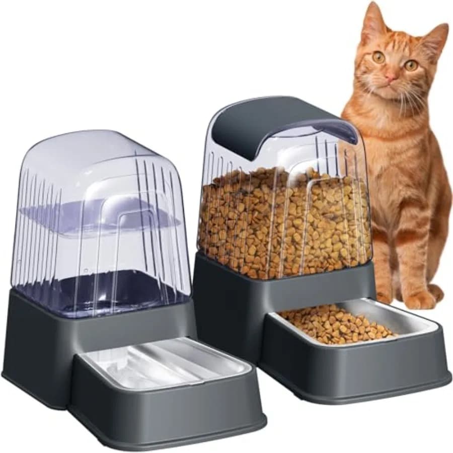 Automatic Dog and Cat Food Feeder and Water Dispenser Set with Stainless Steel Bowls, Gravity Pet Food and Water Feeders, 100%