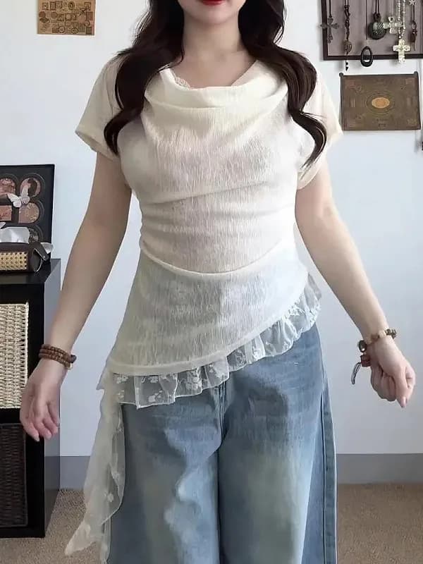 Korean Style Sweet And Spicy Lace Neck Hanging Top Short Sleeve T-Shirt Two-Piece Set for plus Size Women Summer Fashion