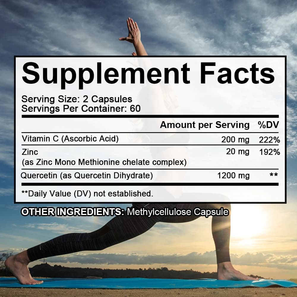 Quercetin capsules, with vitamin C and zinc, antioxidant, immune support, promotes energy production, increases collagen production