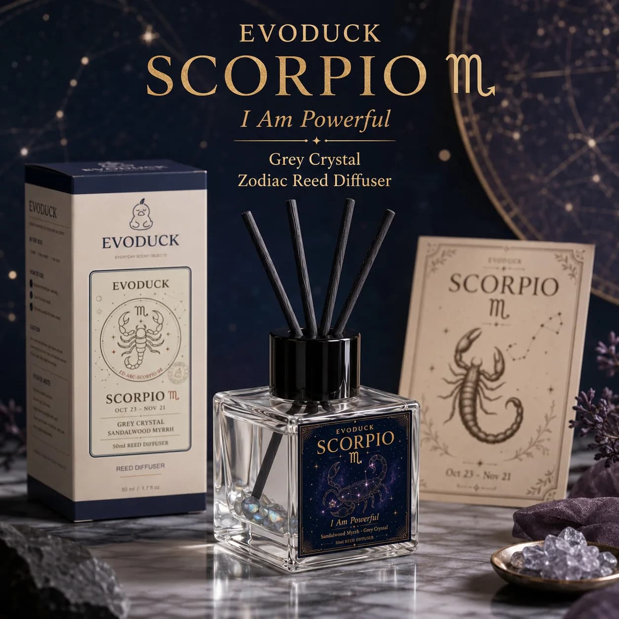 Scorpio Zodiac Crystal Reed Diffuser 50ml, Sandalwood Myrrh Scented Oil Diffuser With Grey Crystal Inside & 4 Fiber Reed Sticks,
