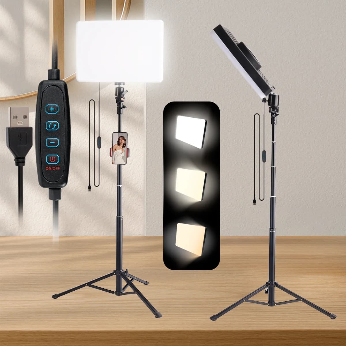 Kit pannello luminoso portatile e treppiede da 130 cm - Pieghevole, regolabile con supporto per telefono - Perfetto per selfie, vlogging e insegnamento online