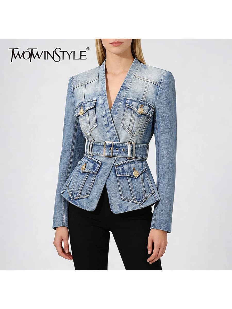TWOTWINSTYLE Giacca da Cowboy alla Moda con Tasche Applicate per Donne, Collo a V, Manica Lunga, Tunica Patchwork con Cintura, Nuovo Modello Femminile