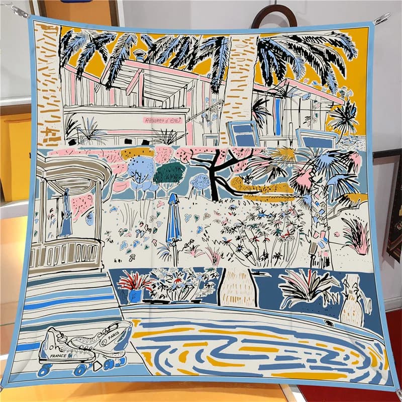 Sciarpa Quadrata in Seta Stampata Ocean Villa da 90 cm, Nuovo Design, Foulard da Donna, Sciarpa per il Collo, Echarpe