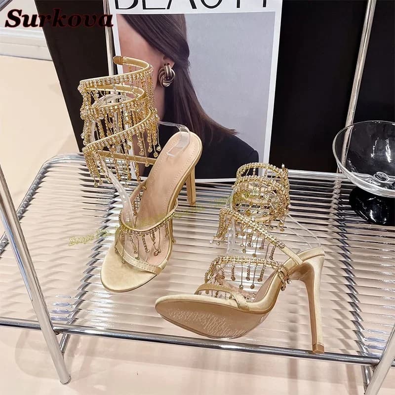 Tacchi alti avvolti con strass dorati Sandali estivi a spillo con punta tonda alla moda da donna Scarpe eleganti da discoteca per tutti gli abbinamenti 42