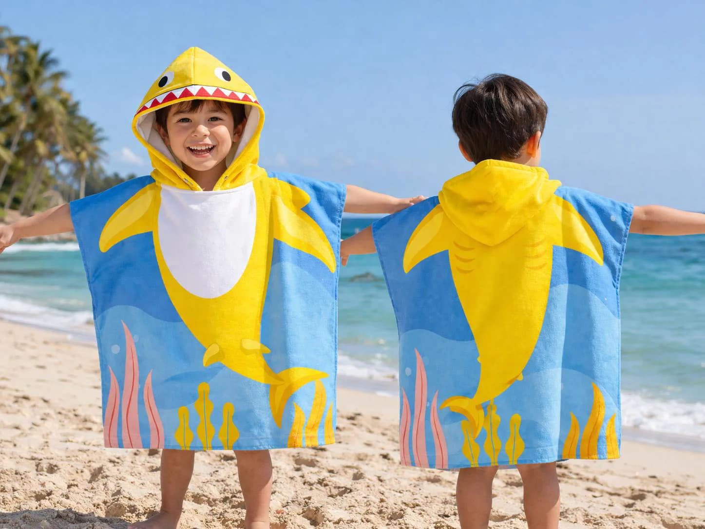 Accappatoio a forma di squalo rosa e giallo, morbido e super assorbente, ideale per spiaggia, piscina, bagno, campeggio, per bambini dai 2 ai 9 anni, maschi o femmine.