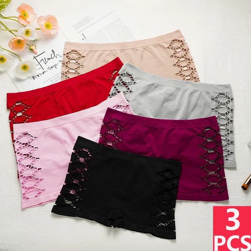 3 pezzi boxer da donna scavati lateralmente senza cuciture, comode mutandine in tinta unita, pantaloni di sicurezza semplici a vita media