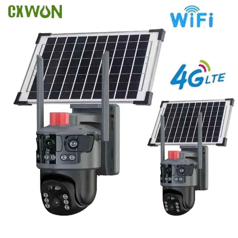 Telecamera di Sicurezza Wireless a Energia Solare V380 3MP 4G Wifi per Esterni con Doppio Schermo e Luci di Sorveglianza