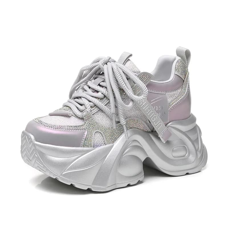9CM Air Mesh Pelle microfibra sintetica Estate Chunky Sneakers Piattaforma Zeppa Appartamenti Bling Vulcanize Hollow Scarpe da donna