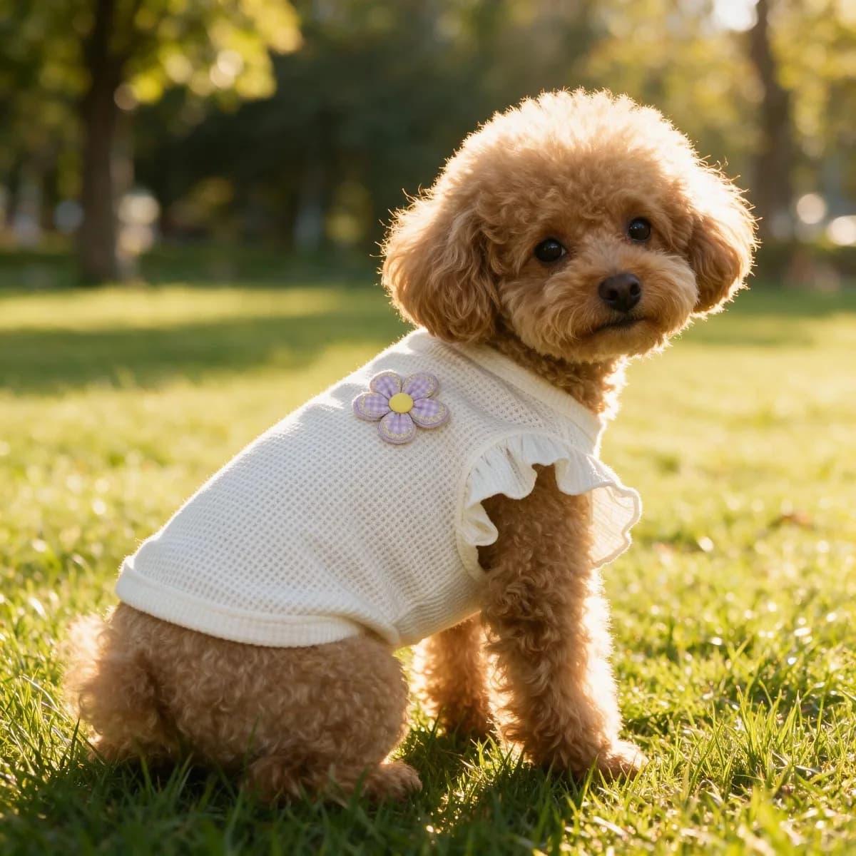 Cream Waffle Back Floral Embroidered Pet Vest, Ruffle Butterfly Sleeve Breathable Dog Summer Top
