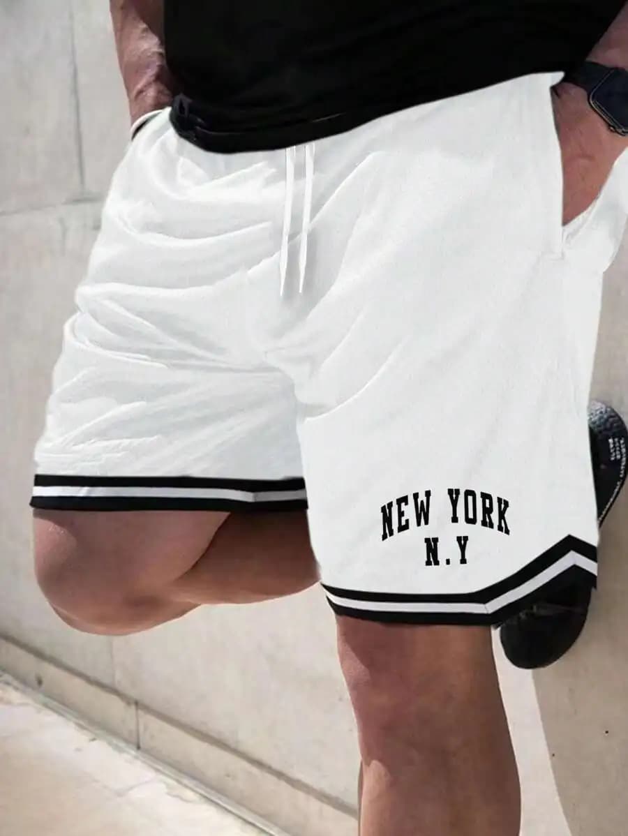 White Mens Sporty Drawstring Shorts With New York Print, Summer Casual Mesh Bottoms