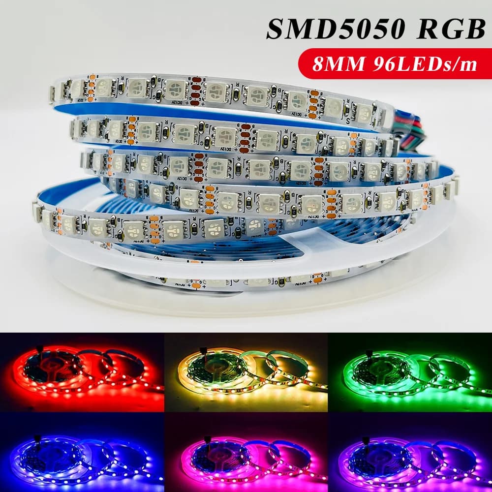 Striscia LED RGB 5m DC 12V 24V SMD5050 60LED/m 96LED/m Nastro flessibile a LED 8mm PCB per la decorazione