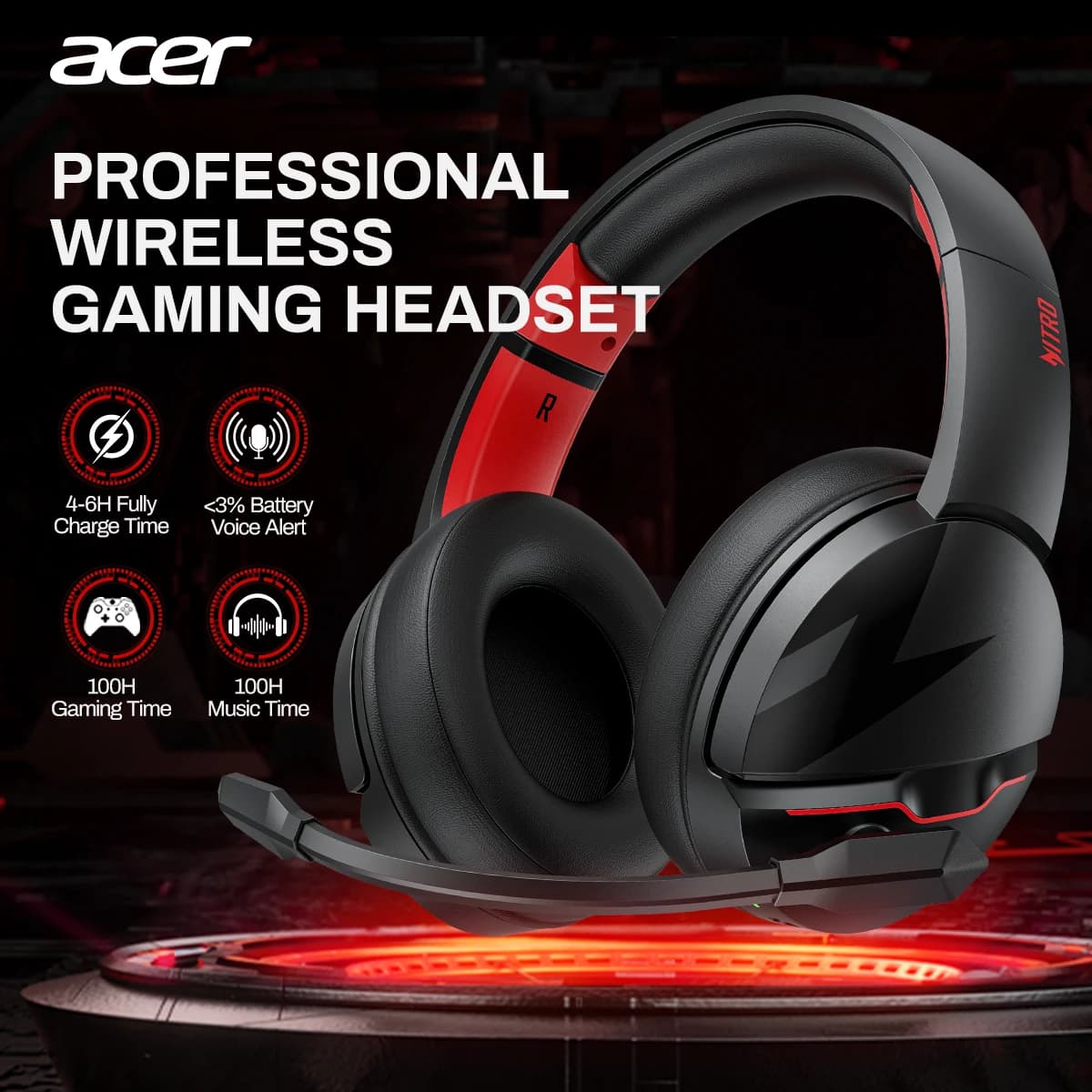 Acer K2 Gaming Headphones with 100 Hour Battery, Clear Voice Dynamic Microphone, PS4 PC Bluetooth Headphones, Wireless Gaming Headphones