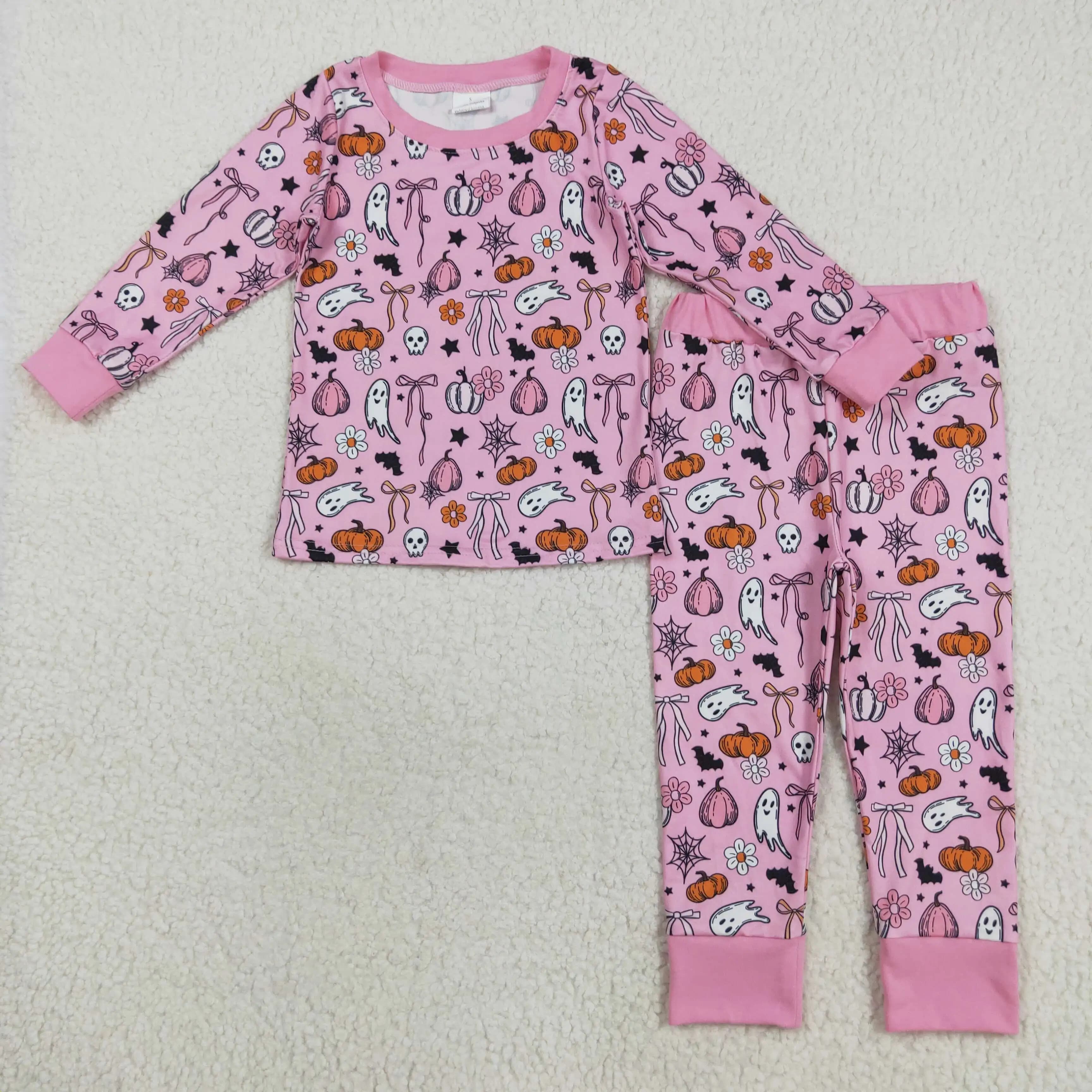 Pantaloni lunghi a maniche lunghe pigiama set Halloween inverno abbigliamento per ragazze boutique all'ingrosso modello fiocco zucca fantasma rosa