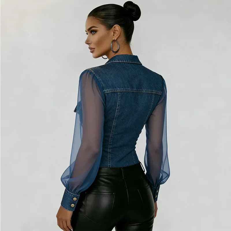 Edgy Chic Denim Mesh Combo Shirt Sophisticated Sheer Elegant Button Fitted Women Tops Stylish Casual Retro Streetwear denim-like