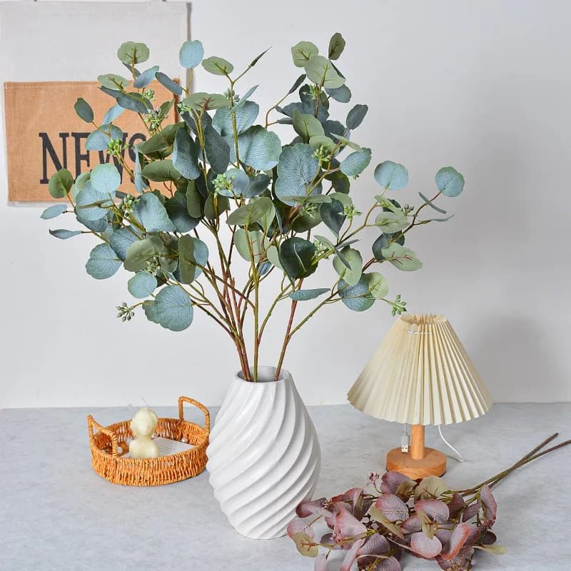 10 Pezzi Piante Artificiali in Seta con Frutti e Foglie Rotonde, Eucalipto per Decorazione Soggiorno, Pianta Verde Simulata, Ramo con Foglie a Moneta