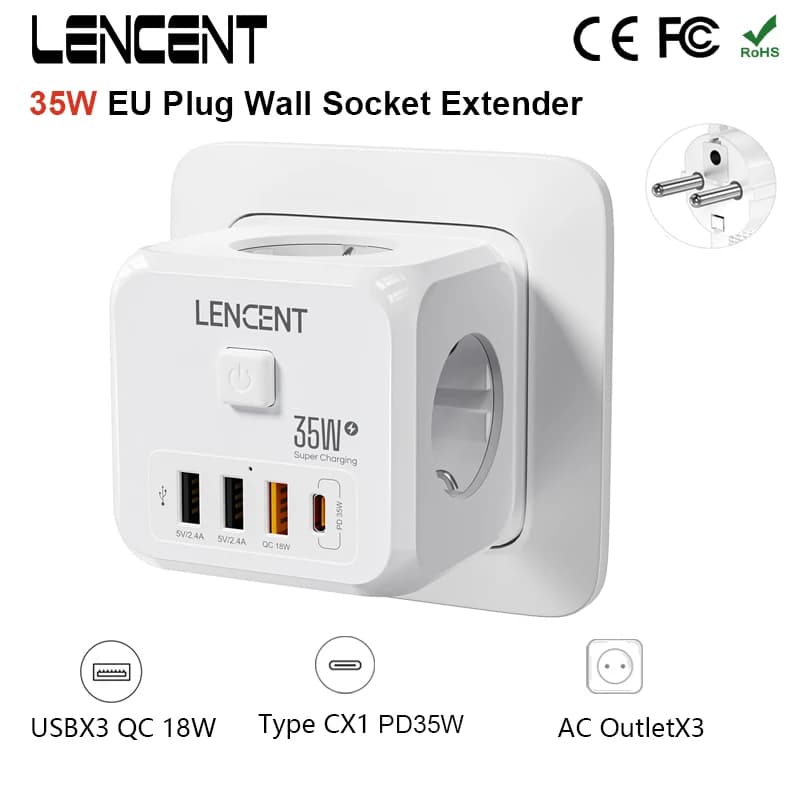 LENCENT Spina UE Presa multipla Presa a muro con 3 AC + 3 USB QC 18W + 1 Tipo C PD 35W Adattatore per caricabatterie rapido Presa 7 in 1 Interruttore on/off