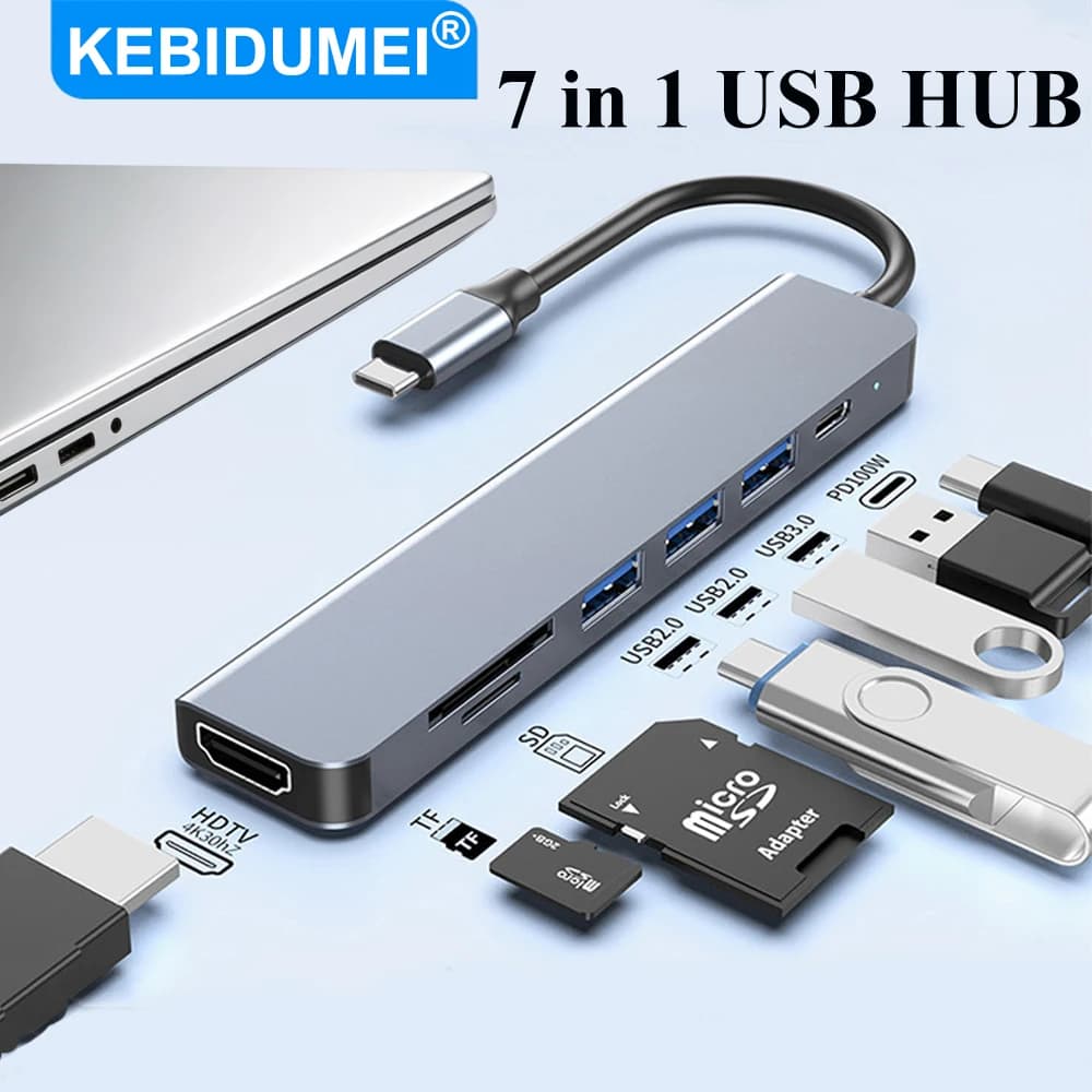 KEBIDUMEI USB C HUB 7 in 1 Docking Station da USB C a adattatore compatibile con HDMI 4K USB 3.0 Tipo C PD Dock di ricarica per MacBook iPad