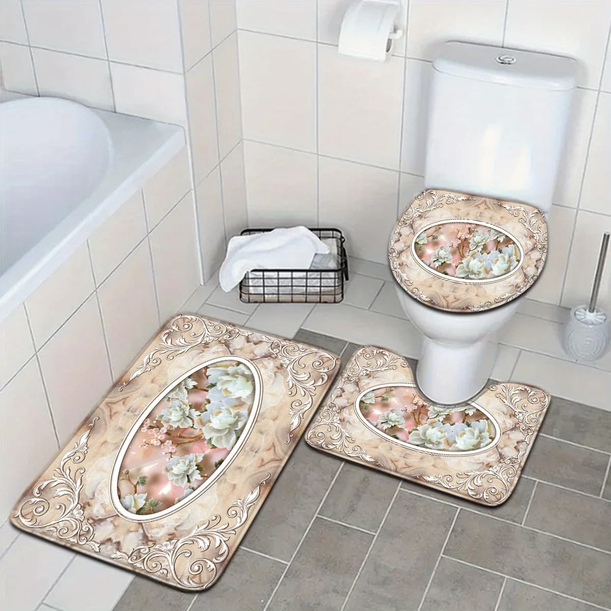 Set di Tappetini da Bagno di Lusso con Motivi Floreali per Arredo Bagno, Tappeto per WC e Tappeto da Bagno, Accessori Impermeabili per la Casa