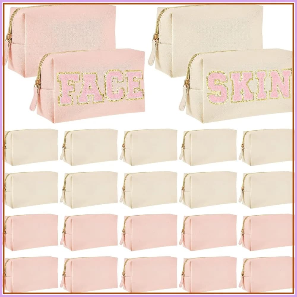 Set di 24 Borse per il Trucco in Pelle PU, Pochette Cosmetiche Impermeabili, Organizer da Viaggio per Toilette, Beige e Rosa