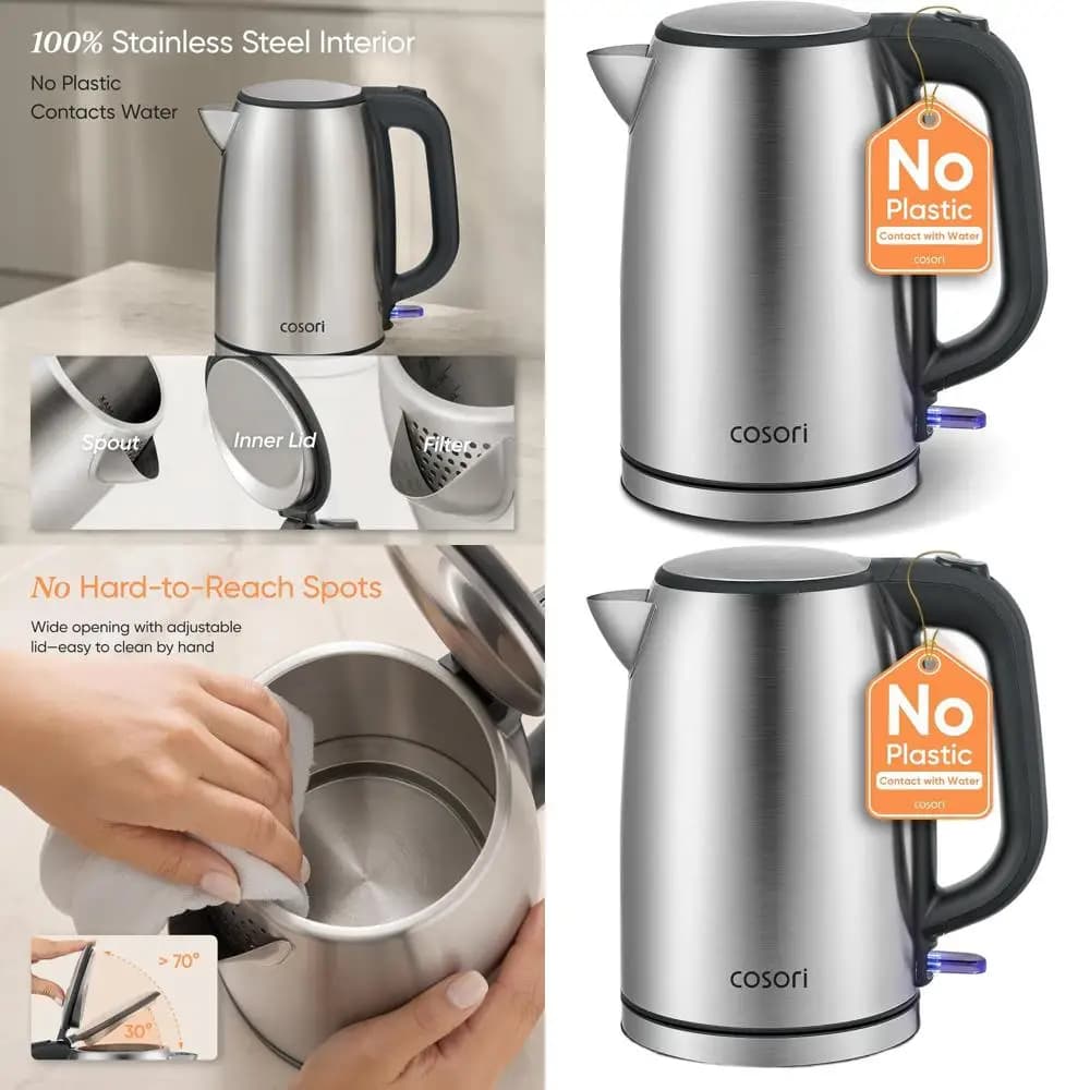 Stainless steel electric kettle with plastic-free interior, 2 lid positions, capacity of 1.7 liters, automatic shutdown and protection against dry boiling, 1500 W