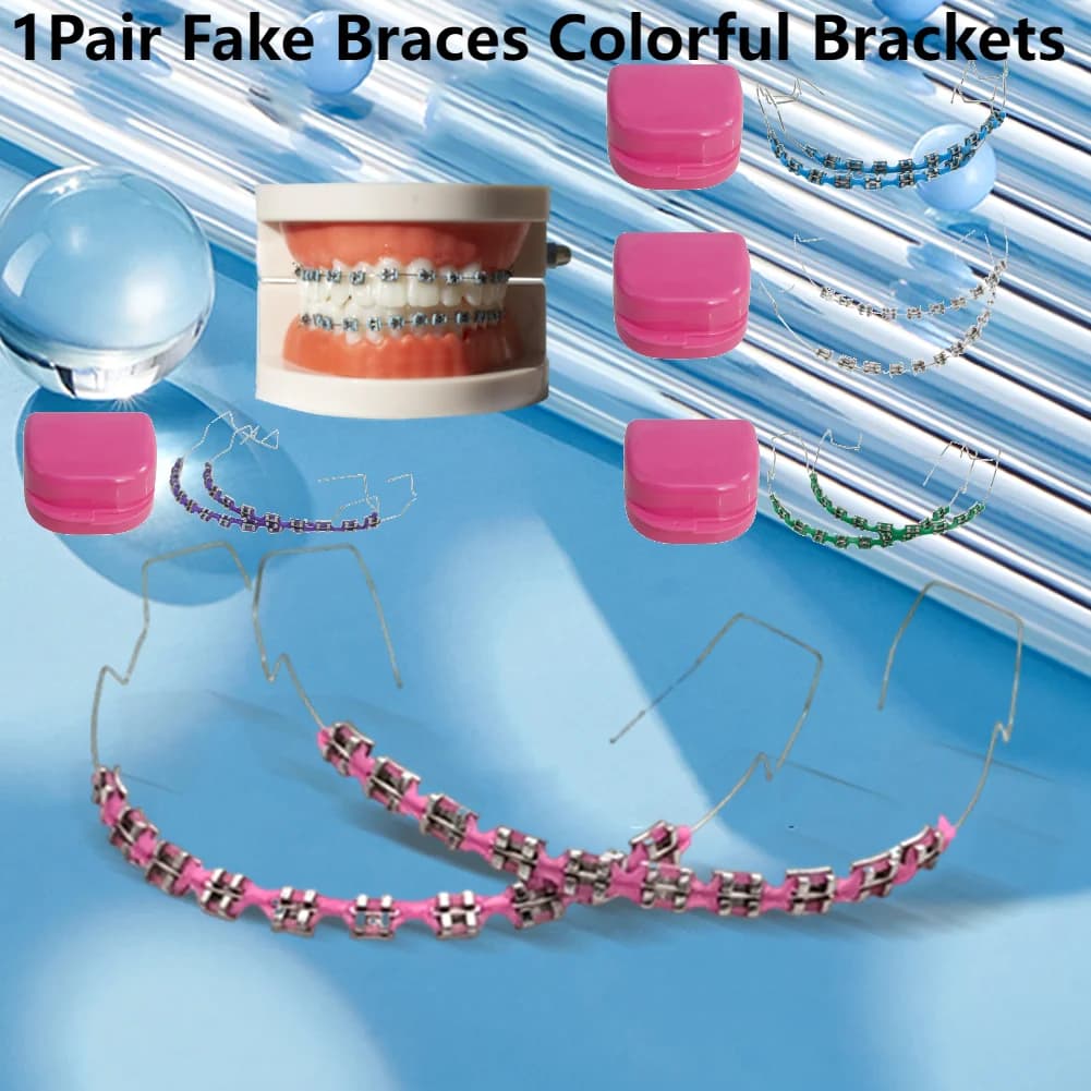1 paio di decorazioni temporanee per denti, apparecchi ortodontici finti dentali con fili metallici e staffa, apparecchi ortodontici con fascette per legature dentali