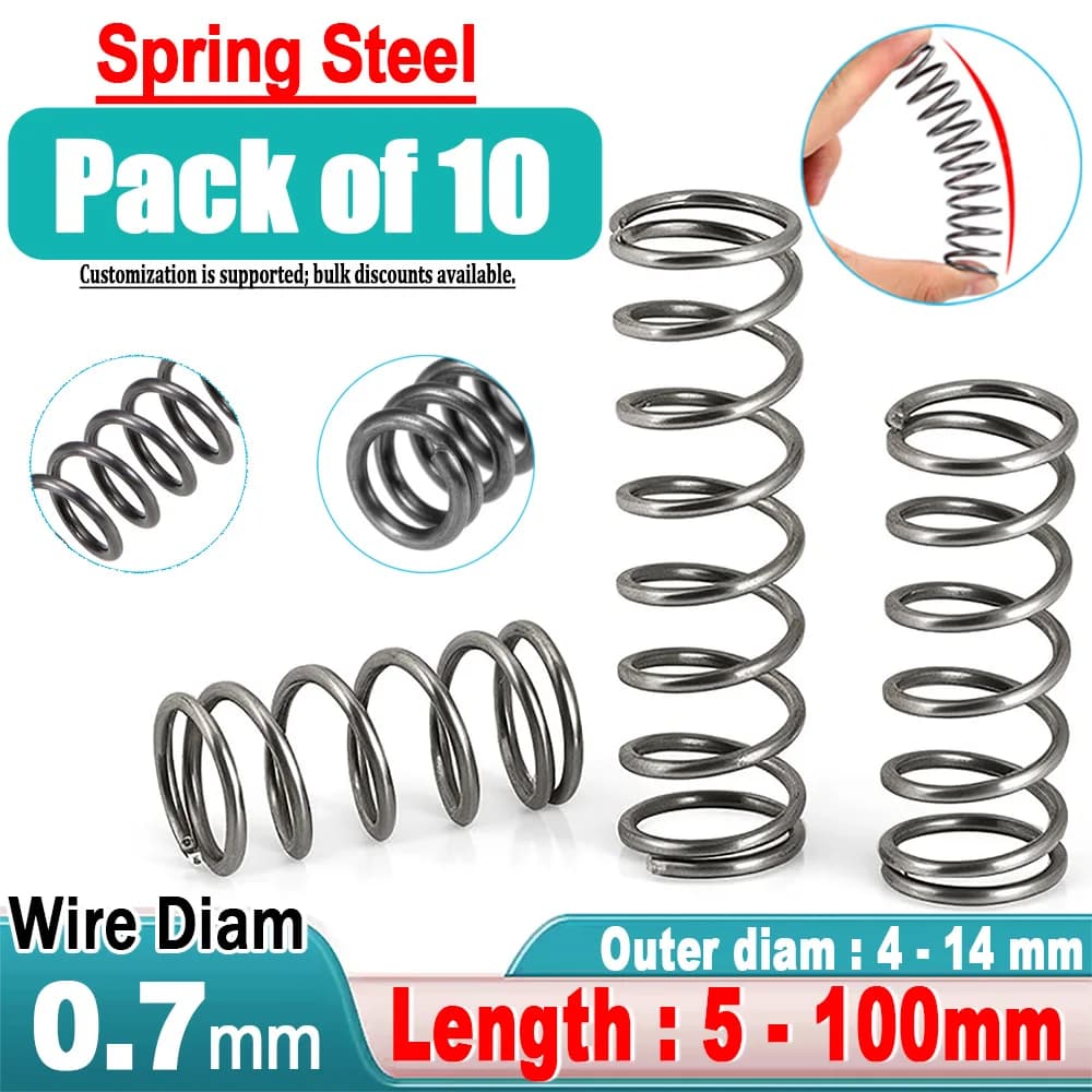 Molla di compressione in acciaio con diametro del filo di 0,7 mm, diametro esterno da 4 mm a 14 mm, lunghezza da 5 mm a 100 mm, piccole molle a pressione per stampante 3D
