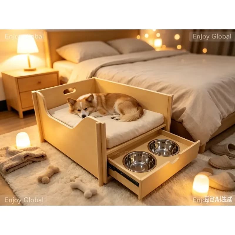 for Solid Wood Dog Bed with Pull Out Drawer Stainless Steel Food Bowls Soft Cushion Indoor Wooden Pet House for Small Medium