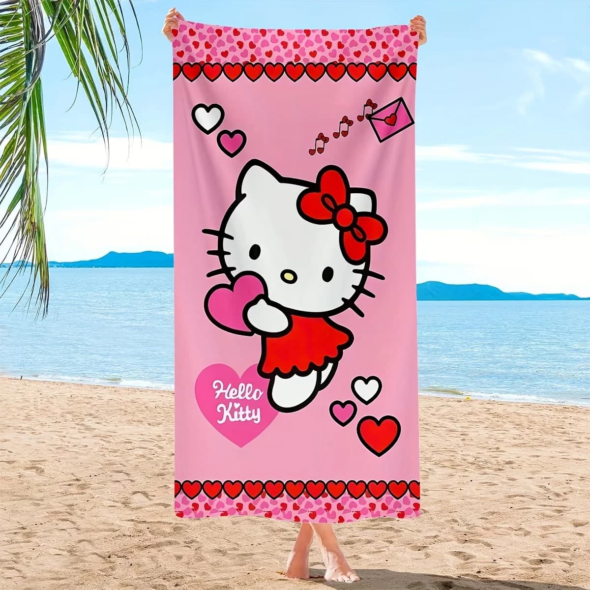 Asciugamano da spiaggia con stampa Sanrio Hello Kitty Heart - Asciugamano portatile morbido e assorbente a righe per viaggi, campeggio, piscina e regalo di compleanno
